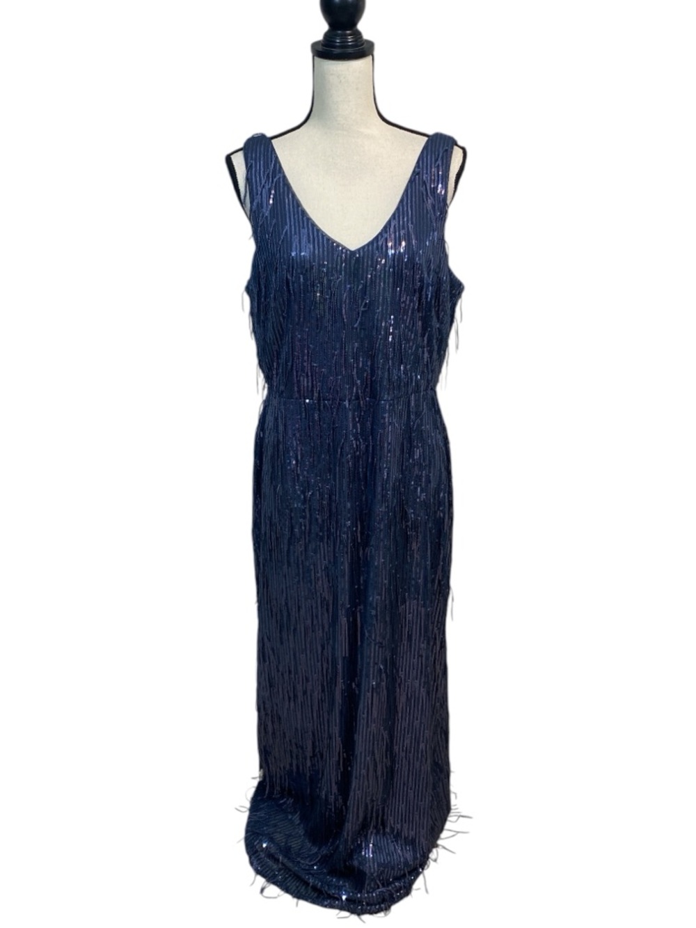 R&M Richards V-Neck Evening Formal Dress Deep Slate Sequins 14